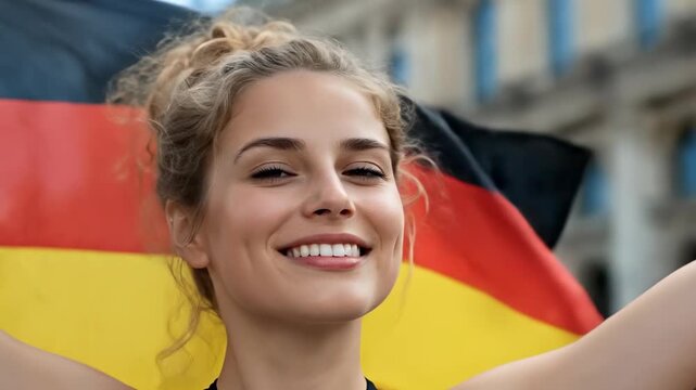 Joyful German woman celebrates German Unity Day, proudly embracing national freedom and patriotism under the vibrant flag, reflecting Constitution Day and the Basic Law principles