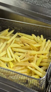 Chef cooking crispy golden french fries in a deep fryer