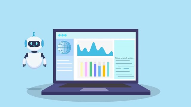 Animated video of a robot assistant next to a laptop displaying an analytics dashboard with charts and graphs, representing automation, data insights, and digital business reporting in flat design sty