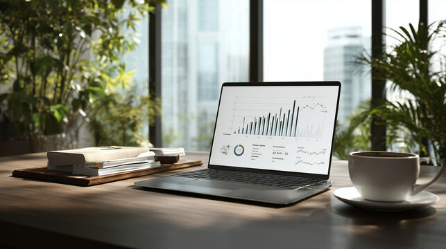 Modern office desk with laptop showing business growth analytics chart, natural daylight, photorealistic, realistic workspace, coffee cup, minimal style, clean composition, copy sp