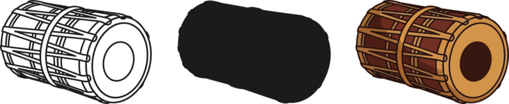 Collection of three distinct vector graphic styles featuring a traditional Indian dholak or similar double-headed barrel drum percussion instrument on white background