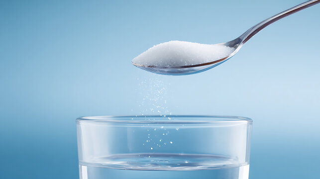 White granules fall from a silver spoon into a clear glass of water against a serene blue background, illustrating dilution or mixture concepts