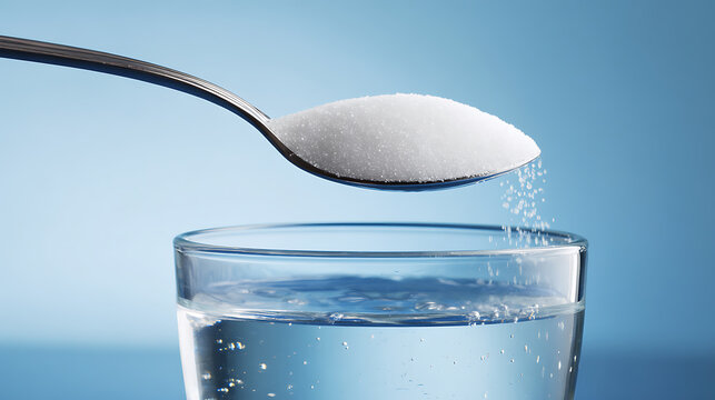 Spoonful of white granular substance over a glass of pure water, with granules gently fall into the clear liquid, representing solution and dissolution
