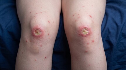 Naklejka premium Wounded knees with severe skin infections and lesions