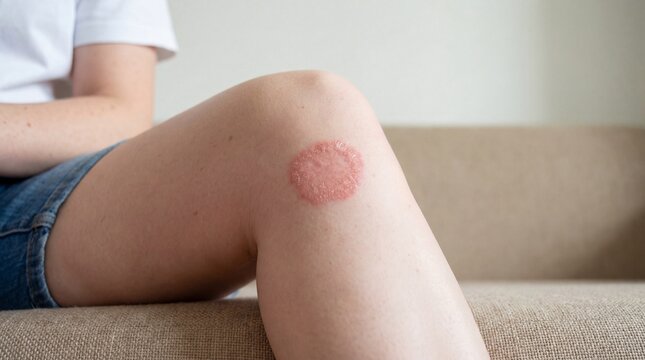 Woman showing ringworm infection on knee and thigh area clearly