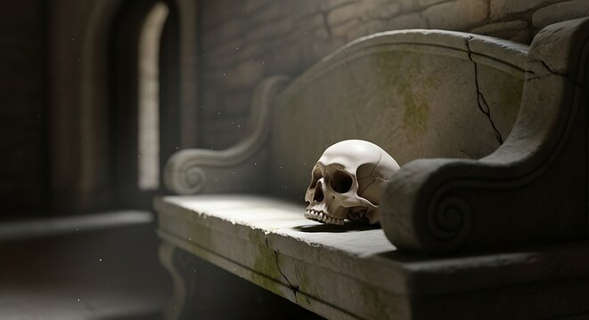 An old skull rests on a stone bench in a dimly lit room with mossy walls and a brick background.