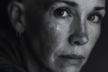 A deeply emotional and close up black and white portrait of a woman with a single tear running down her cheek creating a vulnerable and sorrowful mood with dramatic lighting in a d