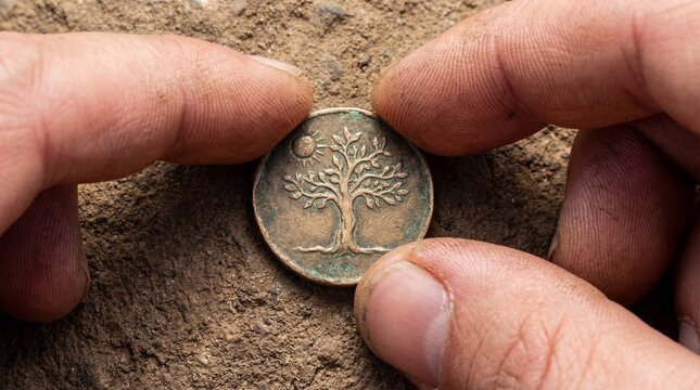 Top-Down Macro of Fingers Touching the Embossed Surface of a Metal Coin