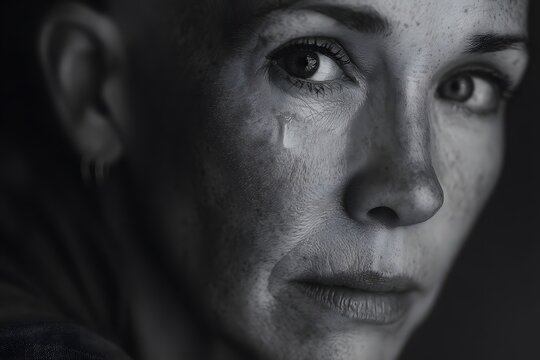 A deeply emotional and close up black and white portrait of a woman with a single tear running down her cheek creating a vulnerable and sorrowful mood with dramatic lighting in a d
