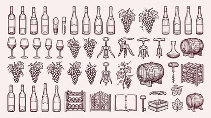 A comprehensive collection of vintage-style illustrations depicting various wine-related items, including bottles, glasses, barrels, corkscrews, and grapevines. © KN collection