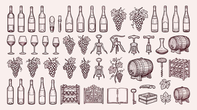 A comprehensive collection of vintage-style illustrations depicting various wine-related items, including bottles, glasses, barrels, corkscrews, and grapevines.