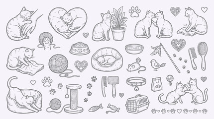 A charming collection of hand-drawn illustrations depicting various aspects of feline life, including cats playing, sleeping, and interacting with their environment and toys. © KN collection