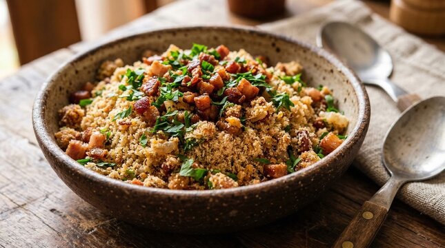 Farofa served in a bowl with bacon and herbs on wooden table  