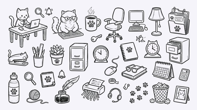 A whimsical collection of cute cat-themed office supplies and desk accessories, featuring cats working at computers, filing cabinets, and various stationery items.