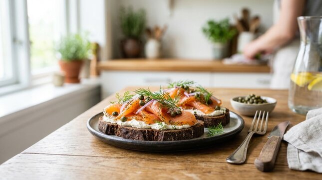 Cured salmon gravlax on rye bread served on wooden kitchen table  