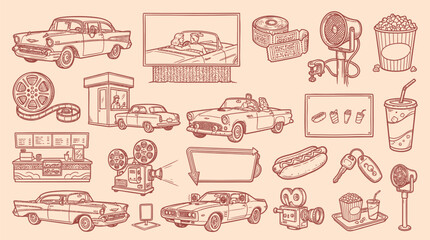 A vintage illustration showcasing a collection of classic American drive-in movie theater elements, including cars, concession stands, and film equipment. © KN collection