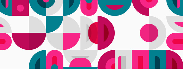 Fototapeta premium Abstract pattern features overlapping circles, semicircles. Pink, teal, gray hues create playful, modern aesthetic. Simple shapes repeat across white background.
