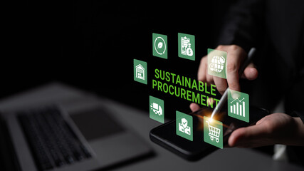 Innovative Smartphone Interface with Sustainable Procurement Icons and Graphs Demonstrating Modern...
