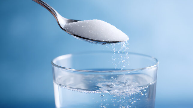 Close-up of a spoonful of white granules dissolving into clear liquid in a glass against a vibrant blue background, illustrating dilution