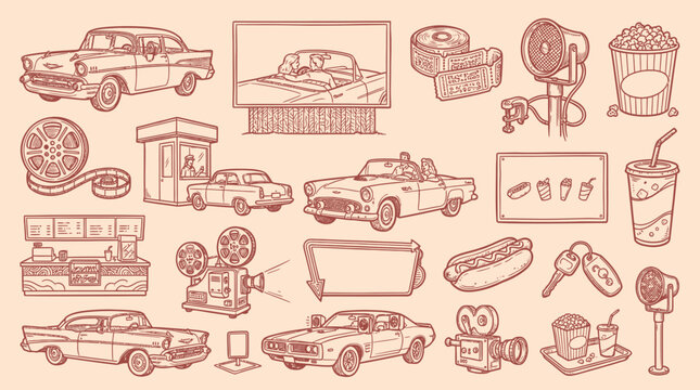 A vintage illustration showcasing a collection of classic American drive-in movie theater elements, including cars, concession stands, and film equipment.