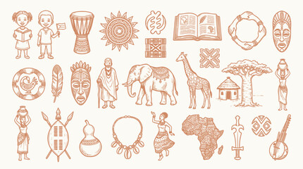 A comprehensive collection of hand-drawn illustrations depicting various elements of African culture, wildlife, and geography. © KN collection