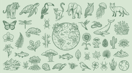 A diverse collection of hand-drawn illustrations depicting various elements of nature, including animals, plants, and the Earth. © KN collection
