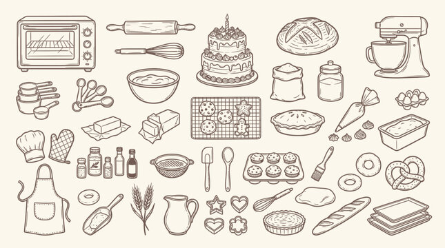 A comprehensive collection of hand-drawn baking ingredients, tools, and finished baked goods, illustrating the art of baking.