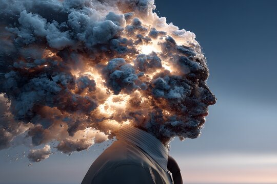 Abstract profile of a person with their head exploding into dynamic dark and bright clouds illuminated by powerful glowing orange light against a serene blue sky