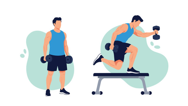 Athletic man demonstrating proper form for dumbbell lunges and standing exercises to showcase a full body workout routine.