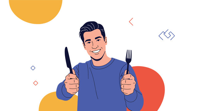 Happy young man expresses hunger and readiness for a meal while holding a knife and fork against a colorful background.