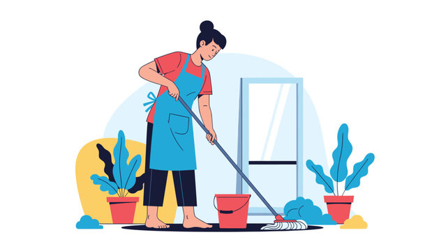 Diligent female houseworker cleans the floor using a mop and bucket surrounded by houseplants in a bright indoor setting.