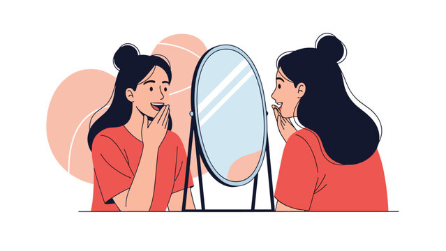 Surprised young woman looking at her reflection in a vanity mirror while expressing happiness and self-confidence in a room.