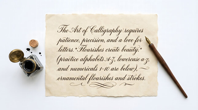 An elegant calligraphic alphabet on vintage parchment, featuring a quill and an inkwell. AI generated.
