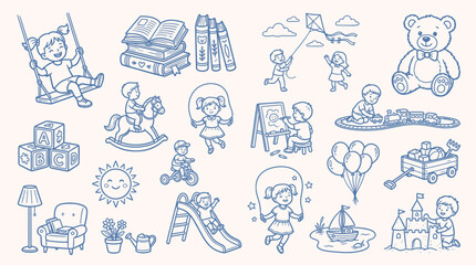 Fototapeta premium A charming collection of hand-drawn illustrations depicting children's toys, activities, and playtime essentials, rendered in a simple blue line art style on a cream background.