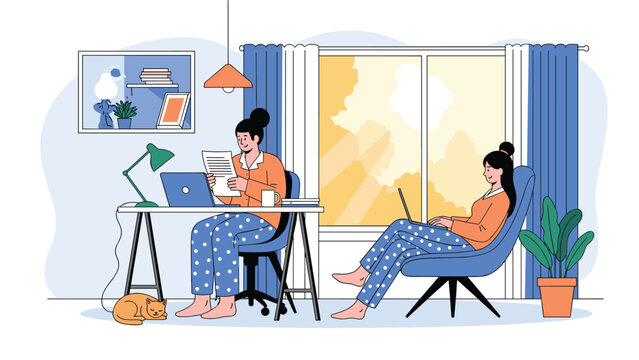 Two roommates or sisters working together from home on laptops while wearing comfortable pajamas in sunny living room.