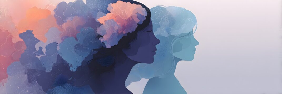 Abstract art showing two female profiles one with an elaborate multicolor thought cloud representing complex emotions and mental states against a smooth gradient background