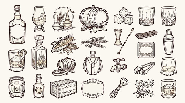 A comprehensive collection of hand-drawn illustrations depicting various elements related to whiskey production, aging, and consumption.