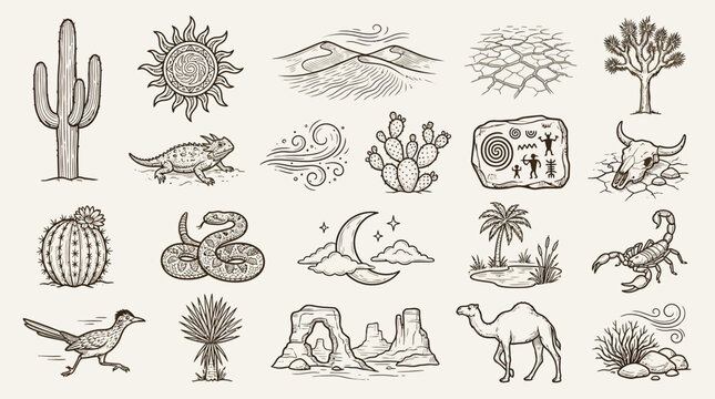A collection of hand-drawn illustrations depicting various elements of a desert environment, including flora, fauna, and geological features.