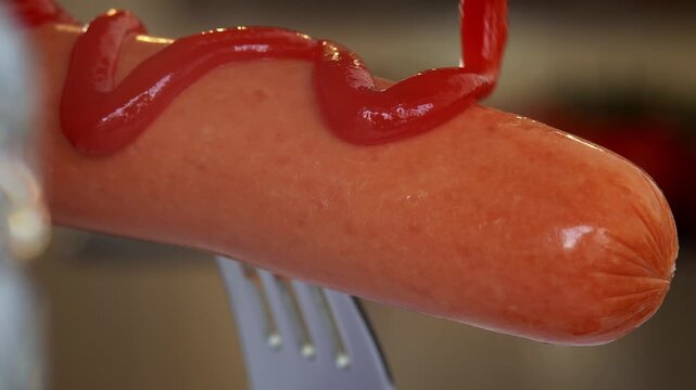 Close up of boiled sausage on fork is drizzled with tomato ketchup. Food. Meat