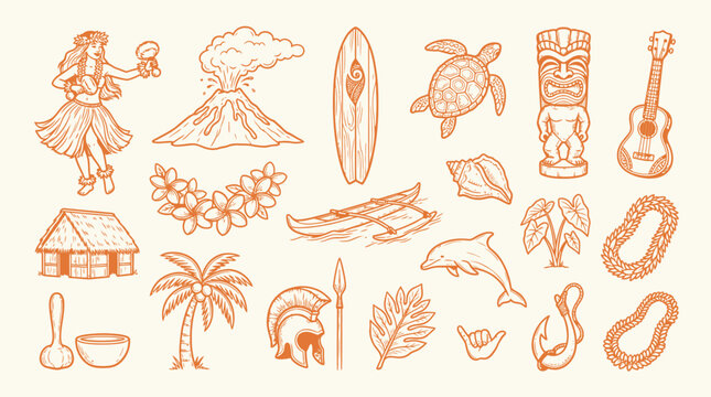 A charming collection of hand-drawn Hawaiian-themed illustrations, featuring iconic symbols like a hula dancer, volcano, surfboard, and tiki.