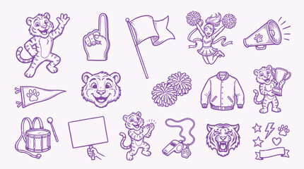 A collection of purple line art illustrations featuring tigers, cheerleaders, and sports-related items for school spirit. © KN collection