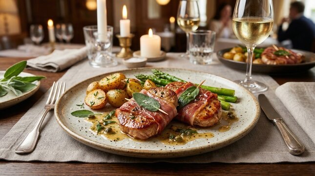 Elegant dinner plate with grilled meat, potatoes, and asparagus  