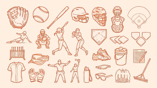 A comprehensive collection of hand-drawn illustrations depicting various baseball and softball equipment and action shots, presented in a warm, sepia-toned palette.