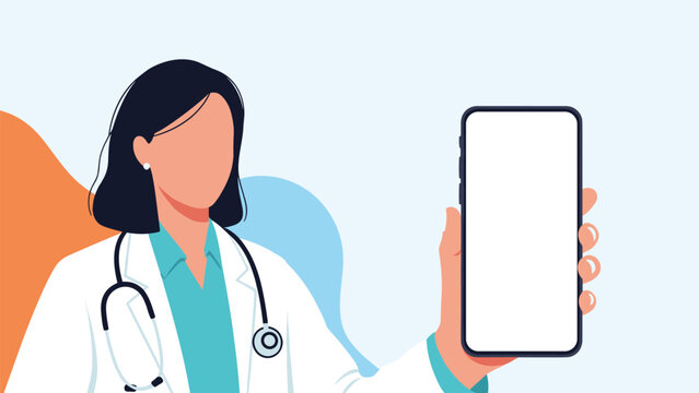Professional female doctor in a white lab coat holding a large smartphone with a blank white screen for medical app display.