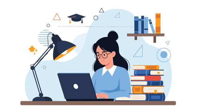 Diligent female student wearing glasses and sitting at a desk with a laptop and stacks of books to study for an examination.