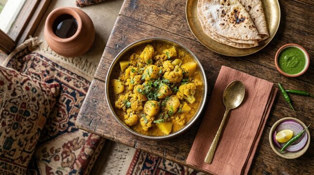 Traditional Indian curry served with flatbread on rustic table  