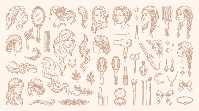 An intricate collection of hand-drawn illustrations depicting various hairstyles, beauty tools, and decorative elements, rendered in a vintage sepia tone.