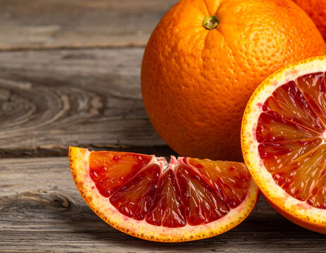 Extreme macro illustration of a sliced blood orange showing deep ruby pulp and vibrant vesicles pattern