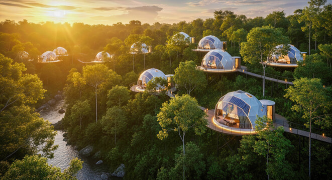 futuristic eco resort with comfortable geodesic dome tents built on wooden platforms above river in green lush tropical jungle forest at golden sunset