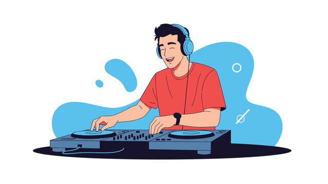 Happy male DJ wearing blue headphones and a red t-shirt while performing and mixing music on a professional turntable station.